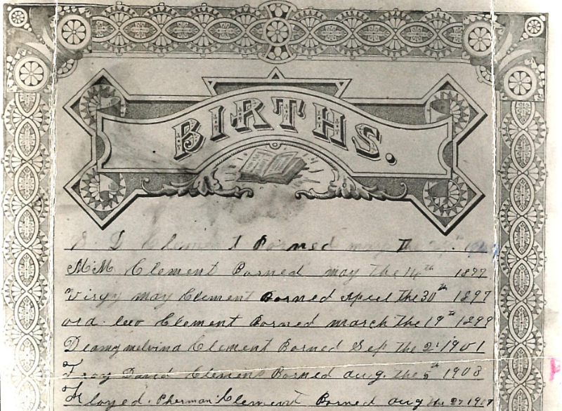Samuel Clement family bible listing his children, passed on by Effie Clement.