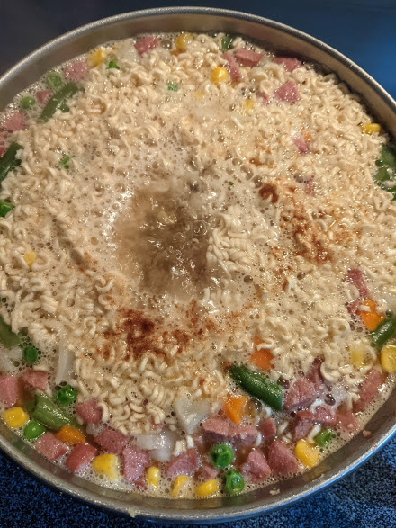 This is a pot of Hot Dog Soup about three minutes away from eating.